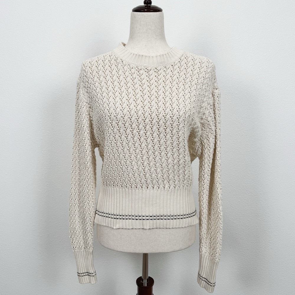 Aaron & Amber Sweater Womens S Ivory Sheer Open Knit Fisherman Preppy Neutral